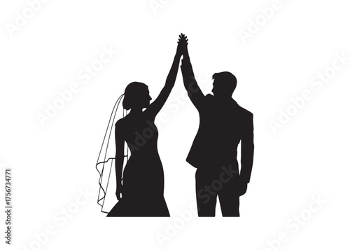 Vector art of silhouette of a newly married couple raising hands