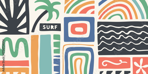 Vibrant abstract pattern with surf theme and tropical elements in a playful modern style