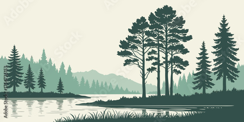 Peaceful natural landscape featuring pine trees reflected in calm, clear water.