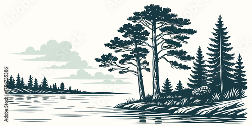 Peaceful natural landscape featuring pine trees reflected in calm, clear wavy water.
