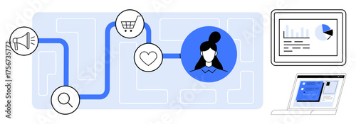 Path with marketing icons for search, advertisement, shopping, and engagement leading to a user profile surrounded by data. Ideal for marketing, analytics, UX, strategy, personalization engagement