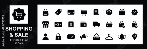 Minimalist E-commerce, Shopping & Sale Flat Icons set, Vector Illustration.