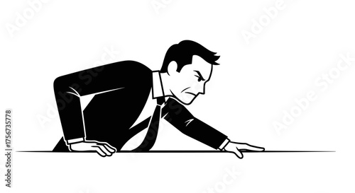 A determined businessman leans forward intently as he reaches for something over a horizontal line.