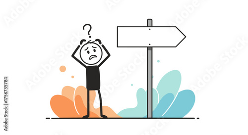 A confused person stands at a crossroads with a signpost and plants.
