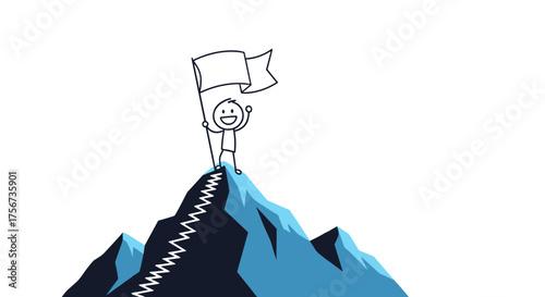 A person celebrates reaching the summit of a mountain holding a flag.