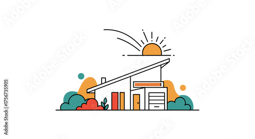 A modern house design with a sloping roof and a garage on a sunny day.