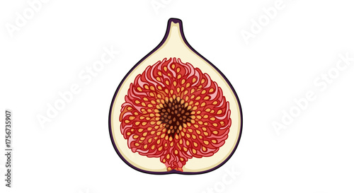 A detailed cross-section revealing the vibrant red seeds and delicate flesh of a ripe fig fruit.