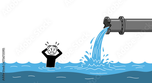 Person drowning in rising water from a leaking pipe.