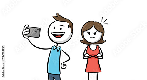 A happy man taking a selfie while a woman looks angry and upset.