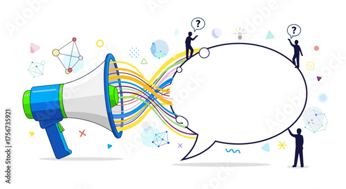 Concept of communication with a megaphone and a speech bubble. Symbolizing ideas sharing and public announcements.