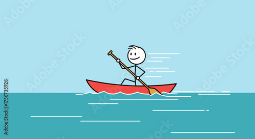 A stick figure is kayaking across the ocean with a paddle.