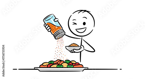 A happy stick figure adding seasoning to a delicious meal.