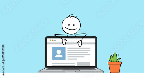 A happy stick figure peeking over a laptop screen showing a profile page.