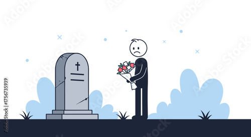 A man stands sadly by a gravestone holding a bouquet of flowers.