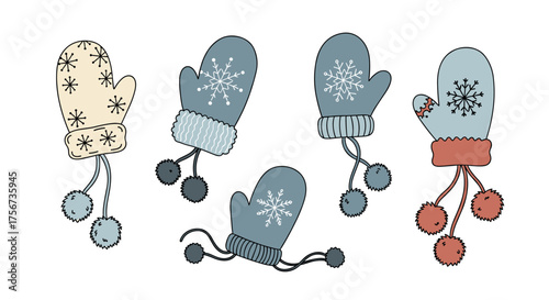 A collection of cute winter knitted mittens with pom poms and snowflake patterns.