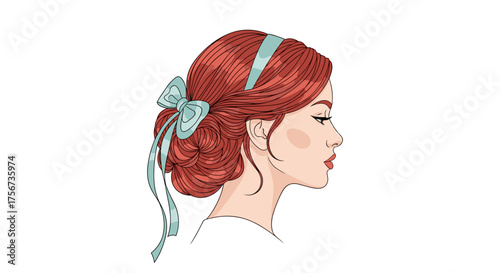 Elegant woman with red hair styled in a chic bun adorned with a blue ribbon and bow.