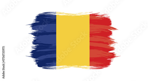 An artistic representation of the Romanian national flag painted with rough brushstrokes signifying national pride and heritage.