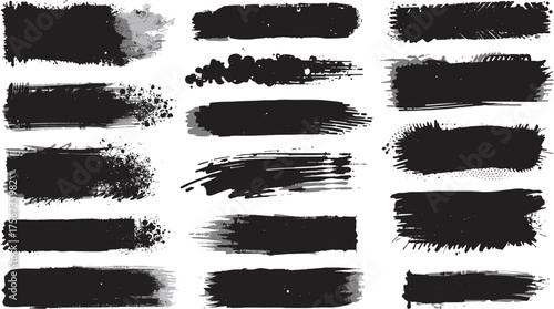 A collection of black paint brush strokes and grunge textures, perfect for adding artistic elements to digital designs and creative projects.