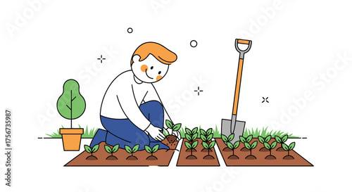 A person is planting small plants in a garden with a shovel nearby for gardening.
