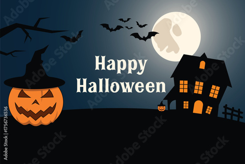 Halloween Night with Pumpkin and Haunted House Vector