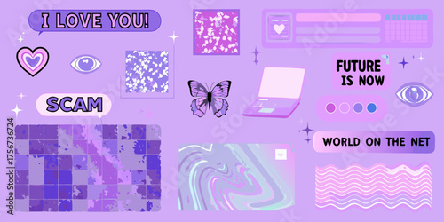 Collage of digital art elements with purple and pink hues featuring butterflies hearts eyes and text about love and scams