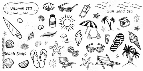 Hand drawn doodle collection of summer beach vacation essentials and symbols with text