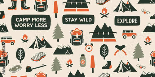 Whimsical camping pattern with mountains tents backpacks and inspirational quotes