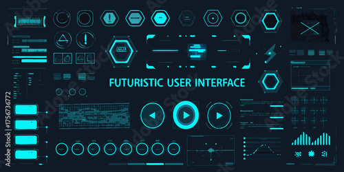 Futuristic user interface with glowing cyan elements and digital data displays on a dark background