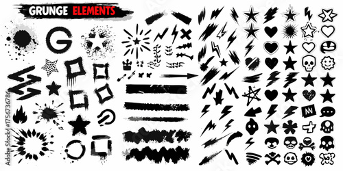 Collection of black grunge elements and icons including stars hearts skulls and lightning bolts
