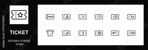 Minimalist Event, Movie, & Admission Ticket Line Icons set, Editable Stroke, vector illustration.