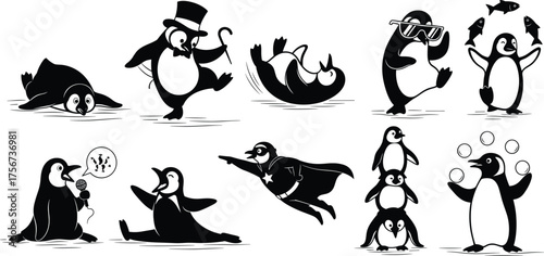 Penguin cartoon illustration, funny penguin characters, animal humor, black and white drawing, anthropomorphic penguins, stock image, vector art, cute