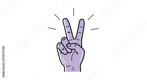 A hand makes the victory sign with two fingers raised and light rays emanating from them.