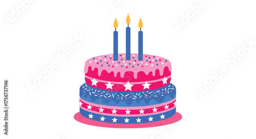 A festive tiered birthday cake decorated with stars and sprinkles on a white background.