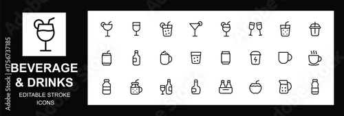 Minimalist Drinks, Cocktails, & Beverage Line Icon set,
vector illustration.