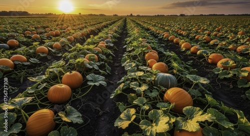 Vibrant Pumpkin Field Bathed in Golden Sunset Light, Showcasing a Rich Autumn Harvest of Ripe Pumpkins and Green Vines Under a Warm Sky