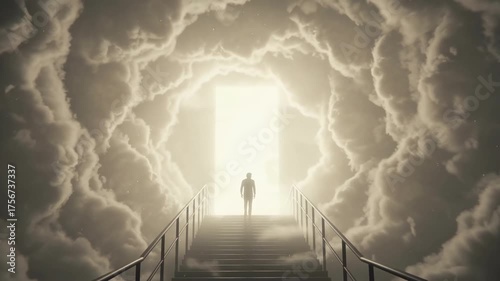A lone figure ascends a staircase towards a bright, ethereal gateway surrounded by swirling clouds.