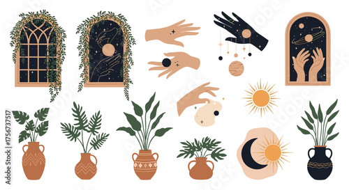 Mystical celestial and botanical elements with a bohemian aesthetic. This collection features enchanted windows houseplants and cosmic symbols.