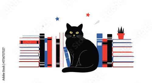 A curious black cat sits attentively in front of a shelf filled with colorful books.