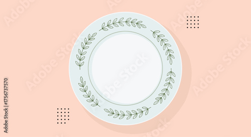 A top down view of a decorative floral patterned plate on a pink background.
