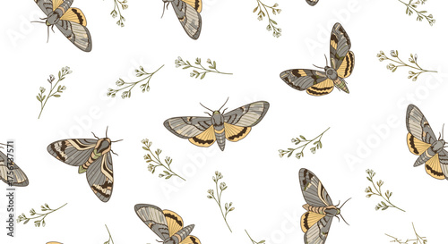 A delicate pattern featuring scattered moths and small sprigs of greenery.