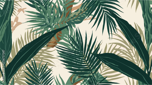 A vibrant botanical illustration showcases lush green palm leaves and tropical foliage, creating a captivating and exotic pattern design for various applications.
