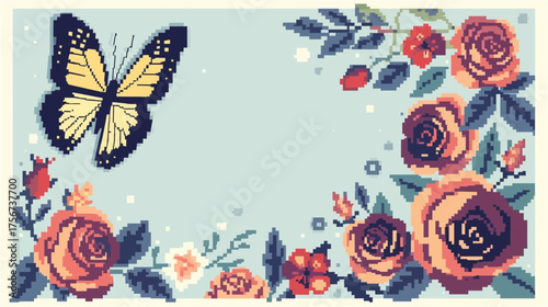 A pixelated illustration showcases a vibrant butterfly fluttering amidst a beautiful arrangement of colorful roses and other floral elements, creating a charming design.
