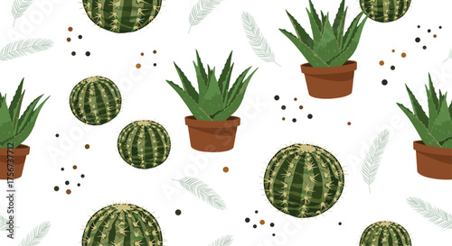 A vibrant seamless pattern featuring assorted potted succulents and cacti on a clean white background.