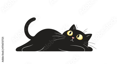 A playful black cat with bright yellow eyes rolls on its back.  