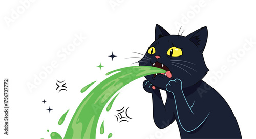Black cat vomiting a large green substance from its mouth with wide eyes
