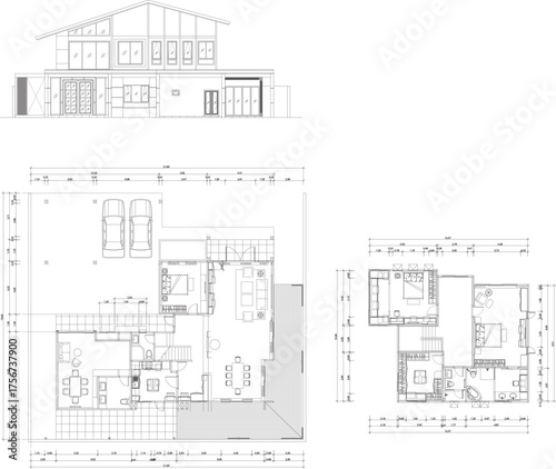 Two-story residential house interior design drawing with furniture layout and building elevation for family home