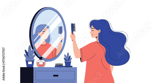 A young woman with blue hair combs her hair in front of a mirror.