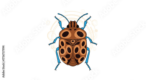 A detailed illustration of a brown spotted insect with blue legs surrounded by decorative patterns.