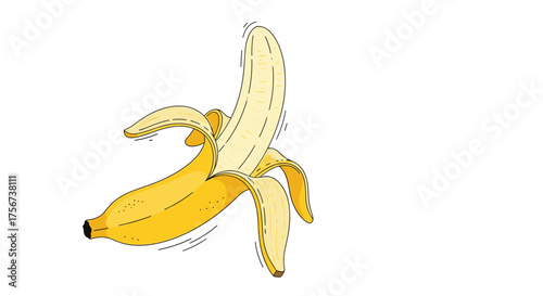 A partially peeled ripe yellow banana with its skin hanging down.