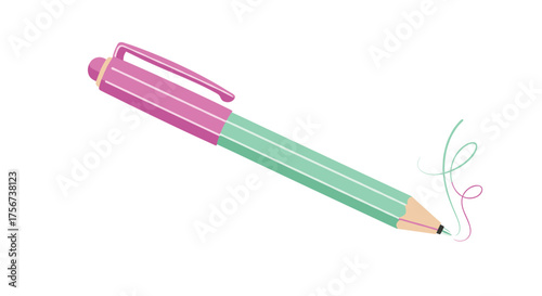 A pink and green pen with a colorful line emanating from the tip.
